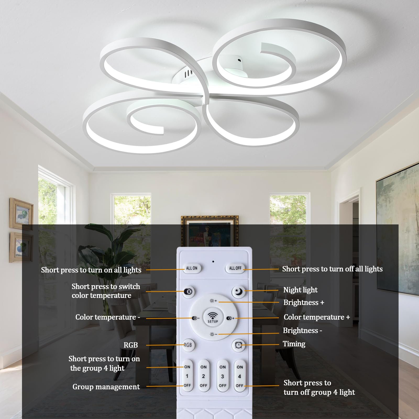 Lampadario Salotto Moderna Telecomando e App,Plafoniera Led Creativa da 58w a Forma di Fiore, Plafoniera Intelligente con Dimmerabile E Timer,Per Soggiorno,Camera Da Letto,Cucina