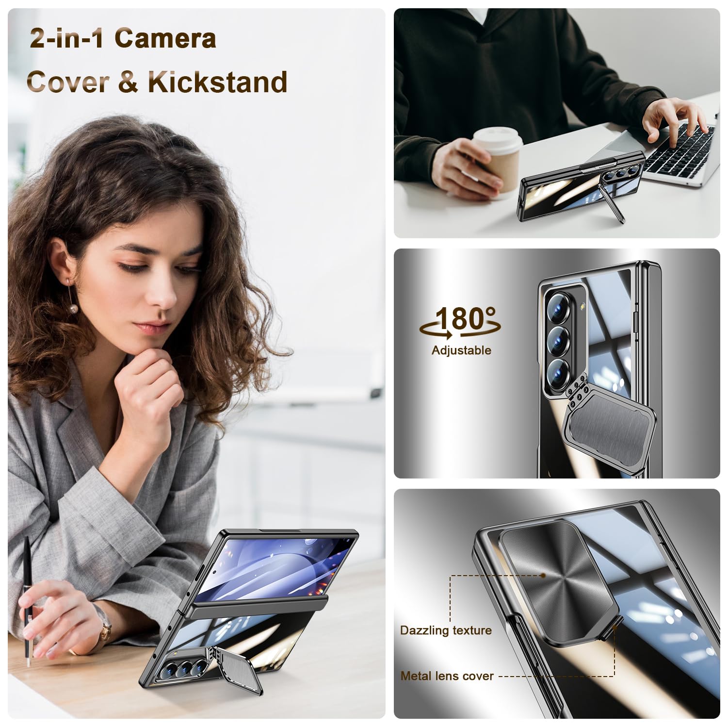 Custodia per Samsung Galaxy Z-Fold-6: con cavalletto per fotocamera, protezione per lo schermo anteriore, copertura protettiva completa, cover sottile per telefono con placcatura trasparente