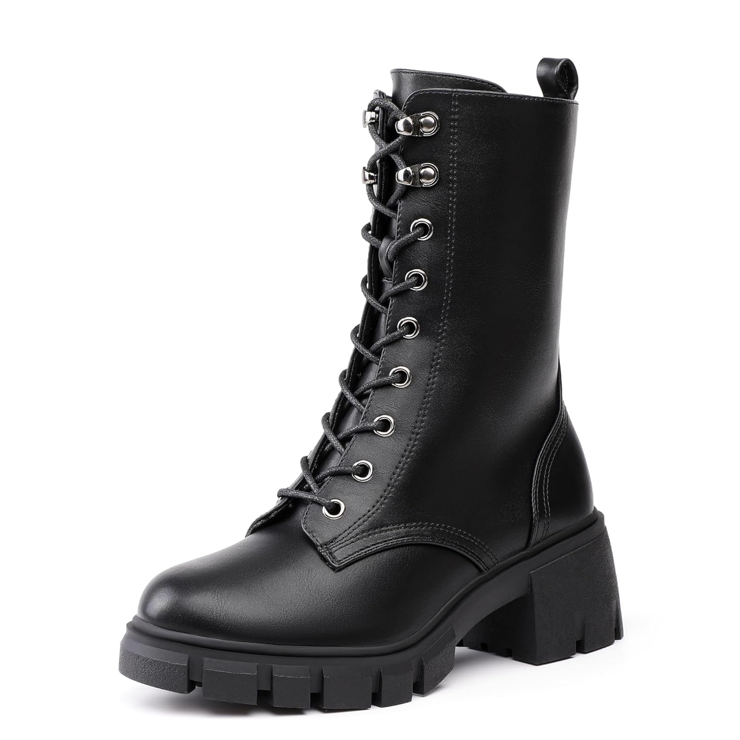 IDIFU IN3 Platform Combat Boots for Women Mid Calf Lace Up Boots Lug Sole Low Chunky Block Heel