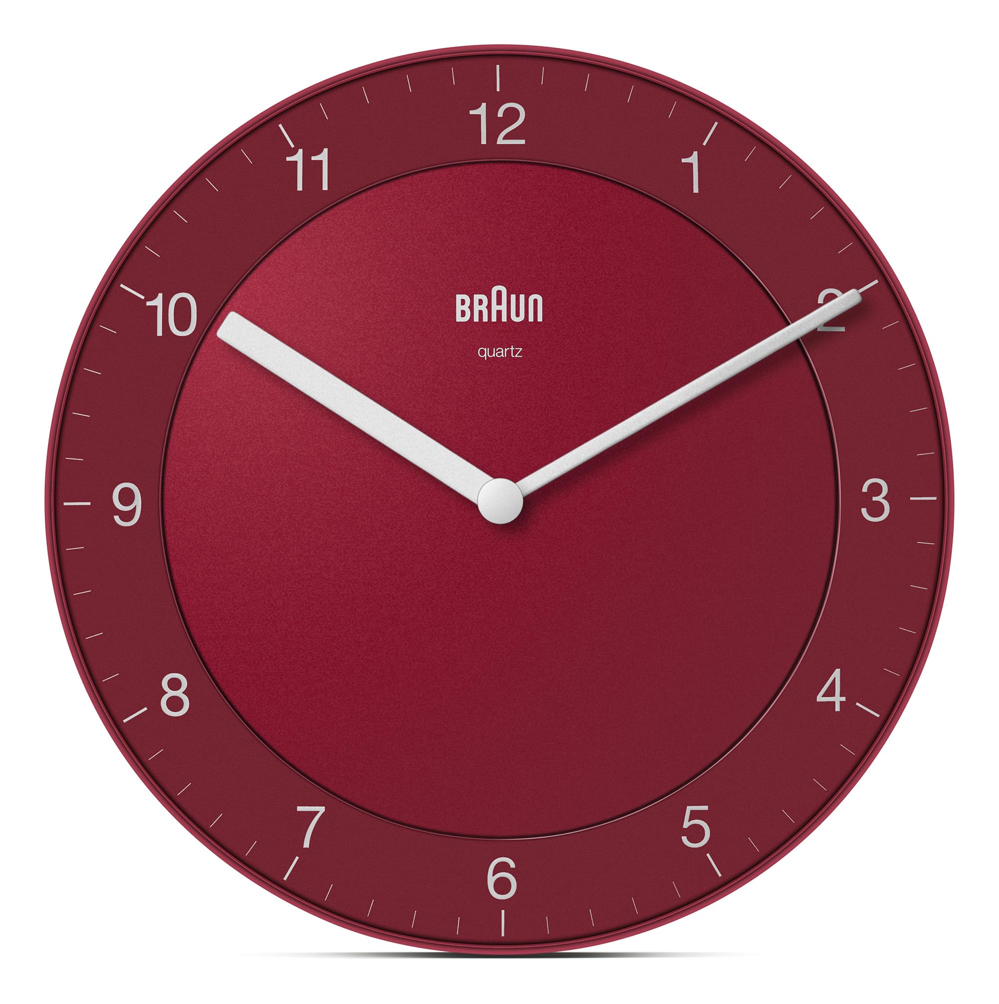 Braun Classic Analogue Wall Clock with Quiet Quartz Movement, Easy To Read, 20cm Diameter in Red, model BC06R.
