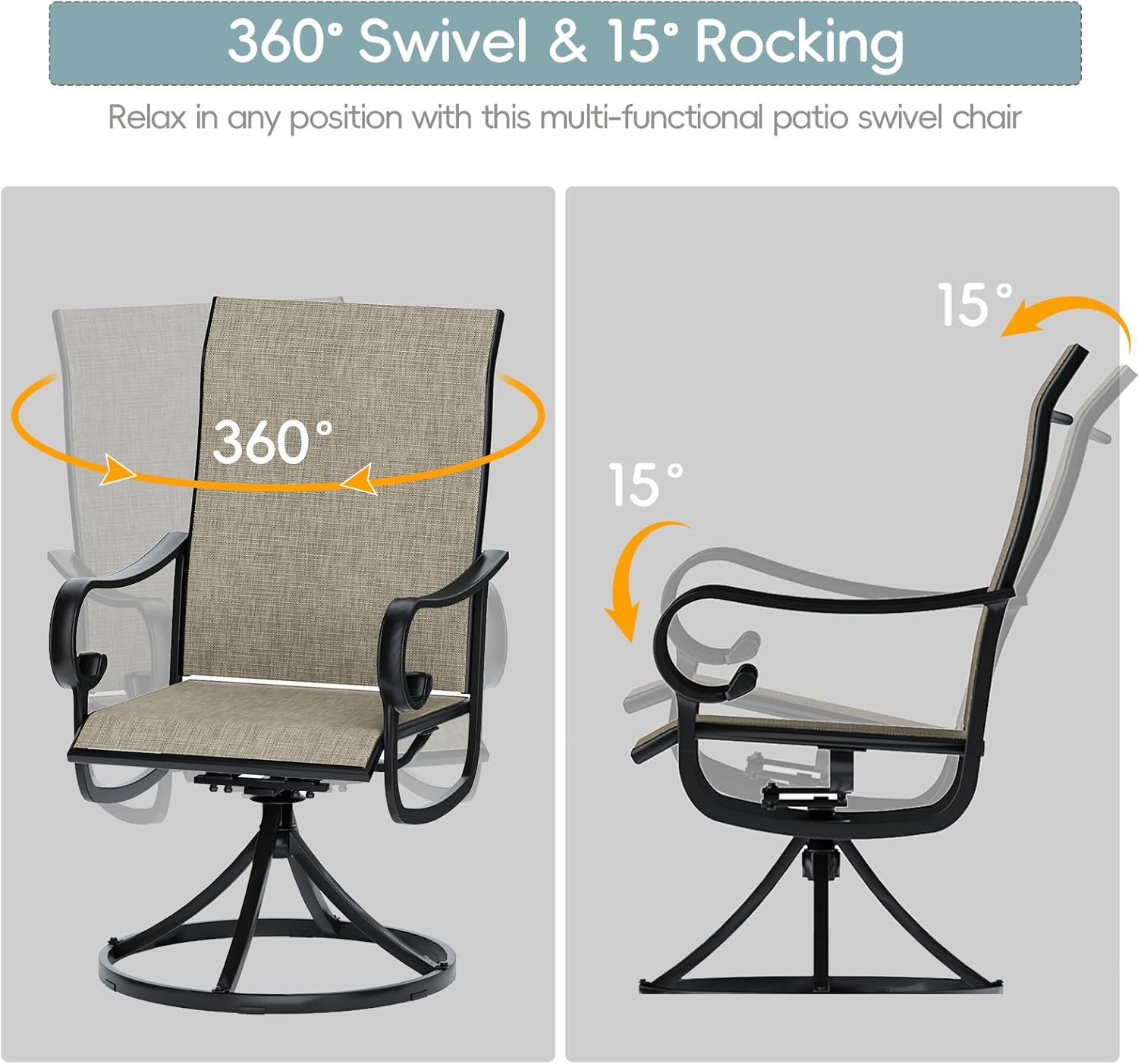 2-Pack Swivel Patio Dining Chairs, High Back Rocking Chairs with Sturdy Metal Frame for Garden and Poolside, Brown