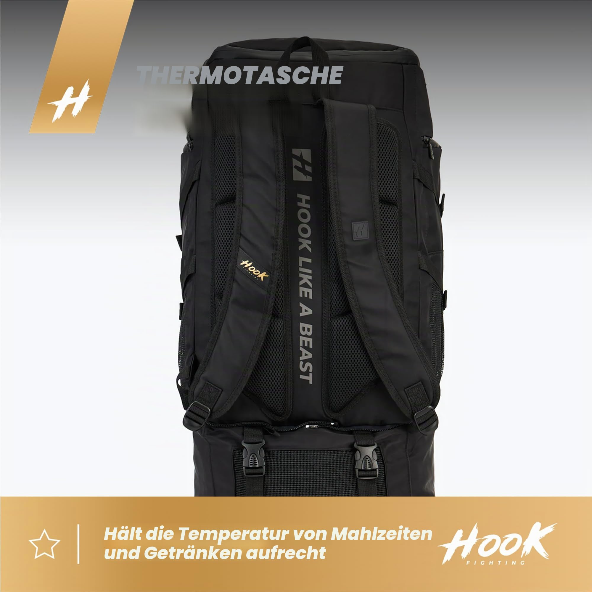 HOOK FIGHTNG COMPETITION Sport Rucksack in Schwarz mit einem Fassungsvermögen von 45/63 Litern Schutz vor Feuchtigkeit Belüftete und thermoaktive Tasche/Fitness Rucksack Verstellbares Volumen Stabilit