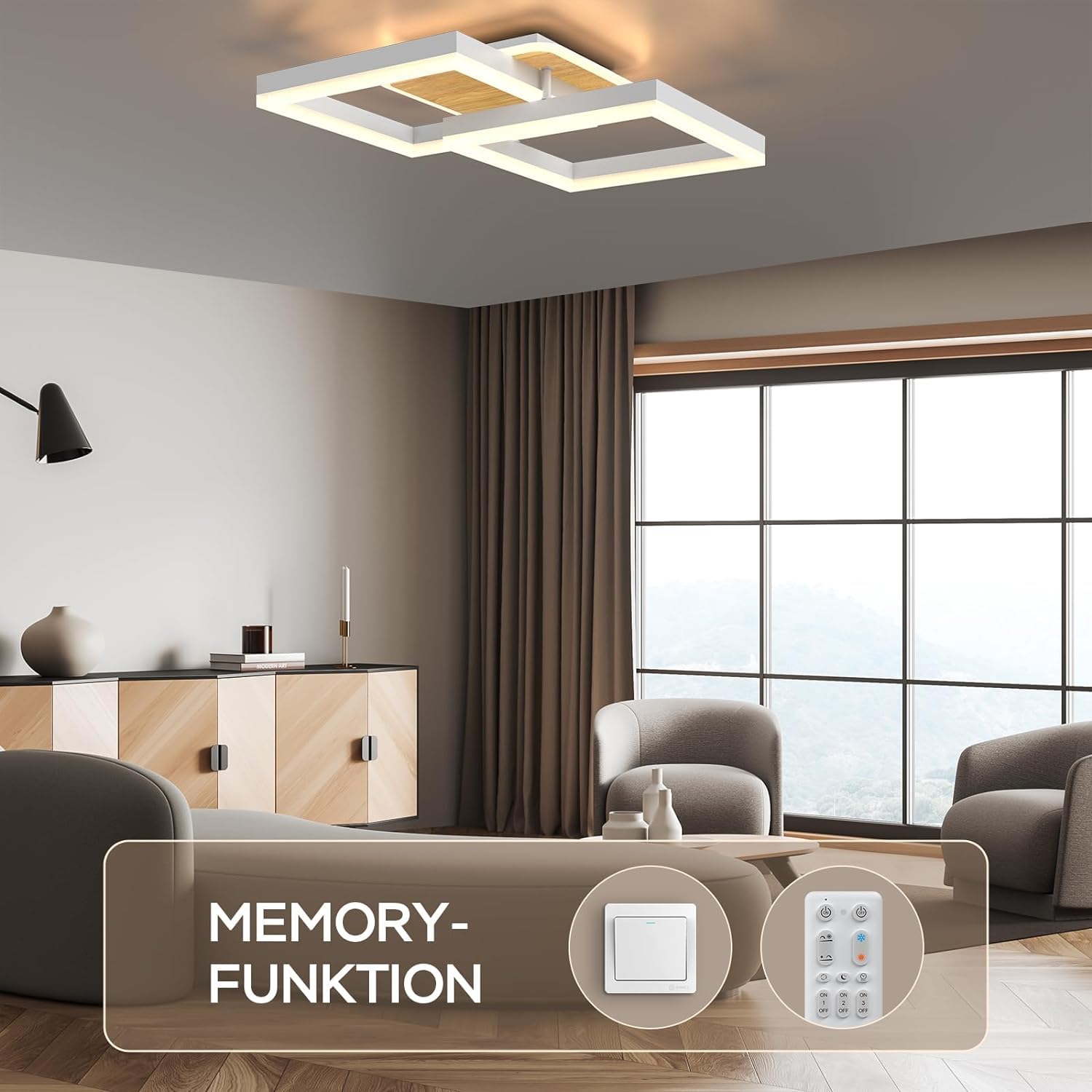 Anten plafoniera led soffitto moderna plafoniera salotto Dimmerabile, 40W 3600LM Lampada da Soffitto, Funzione di Memoria, per Soggiorno, Camera da Letto, Sala da Pranzo, Legno-Bianco 65x42x12cm
