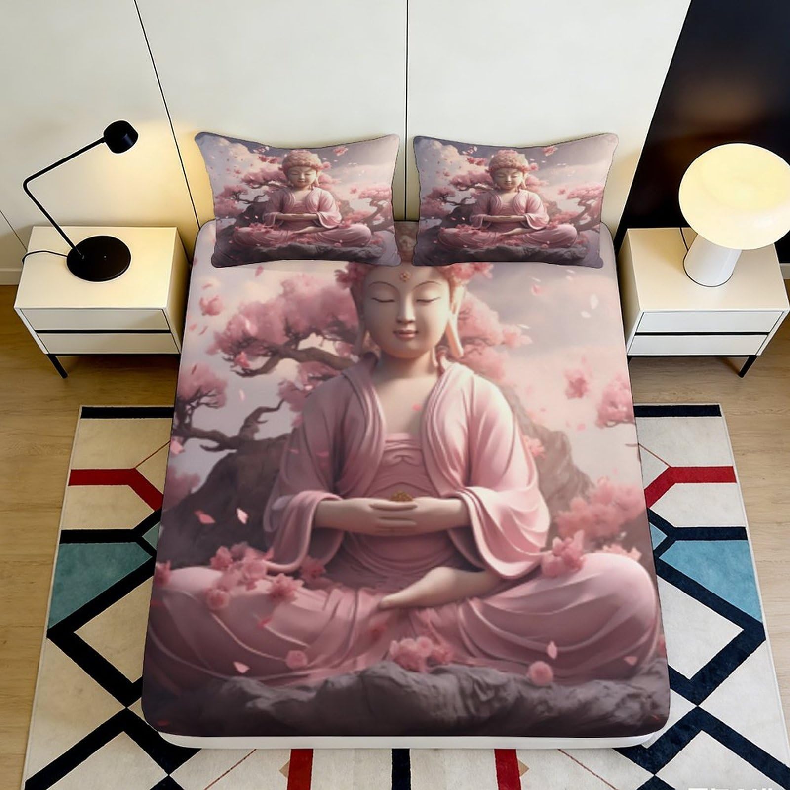 3D Printed Zen Blossom Fitted Sheet Microfiber Deep Pocket Bedroom Bedding Sakura Meditation Mattress Fitted Cover Non-Slip Elastic Hem Washable for Adults 200x200x25cm