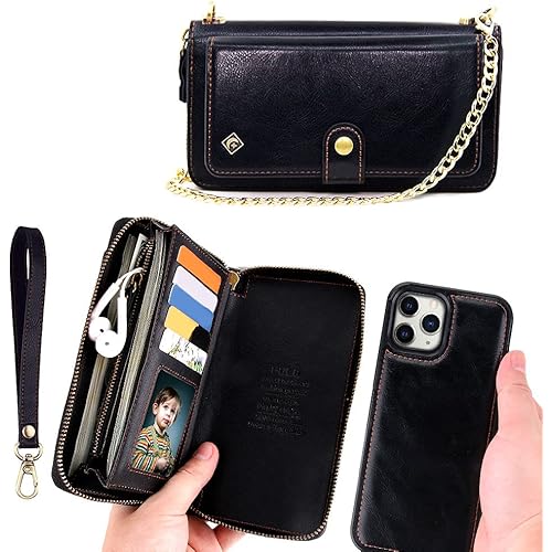 XGrand iPhone 12 Pro Max [3 in 1] Detachable Magnetic Zipper Purse Slots Money Pocket Crossbody Chain Wrist Strap Clutch Leather Wallet Cases - Black