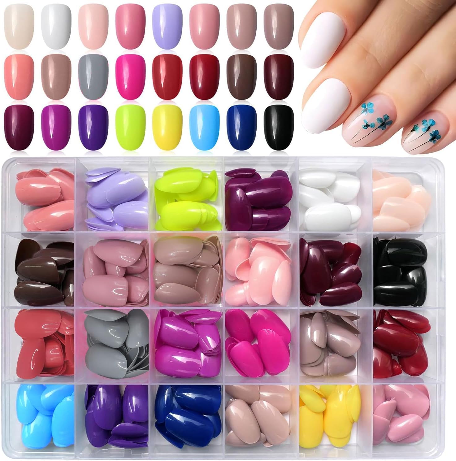 24 Color Press On Nails Sets, 576Pcs Glossy Colored Straight Fake Nails, Full Cover Artificial Fingernails Acrylic Tips Manicure Design Decor for Women Girls DIY Nail (Short Round Shape)