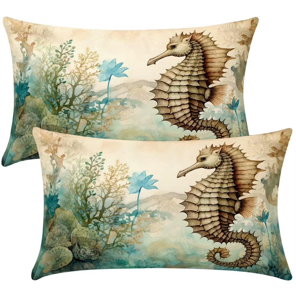 Cushion Covers 35cm x 55cm Retro Cushion Cover 14 x 22 Inches Pack of 2 Throw Pillow Covers Seahorse Sofa Cushions Polyester Linen Decorative Pillowcases for Living Room Bedroom Home Decor -SC357