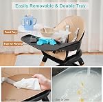 Baby High Chair, 6 in 1 Wooden Convertible High Chairs for Babies and Toddlers, Booster Seat with Double Tray & Reversible Footrest Baby Highchair, 5-Point Harness Baby Feeding Chair, Black