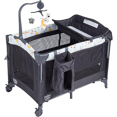BABY JOY 4 in 1 Pack and Play, Baby Bedside Sleeper with Bassinet, 3 Adjustable Heights, Music Box, Easy to Install, Foldable Bedside Crib w/Changing Table, Playards from Newborn to Toddlers