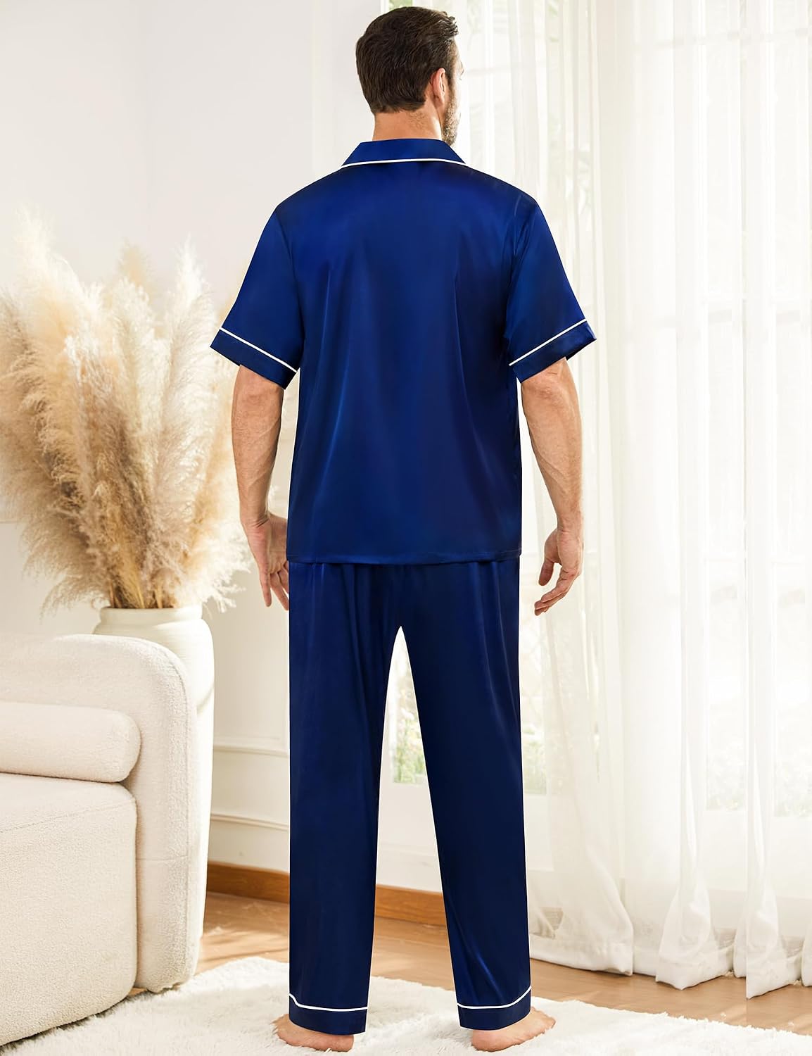 SWOMOG Mens Silk Pajamas Set Satin Pj Set Short Sleeve Sleepwear Button Down Lounge Set with Drawstring & Pockets S-3XL