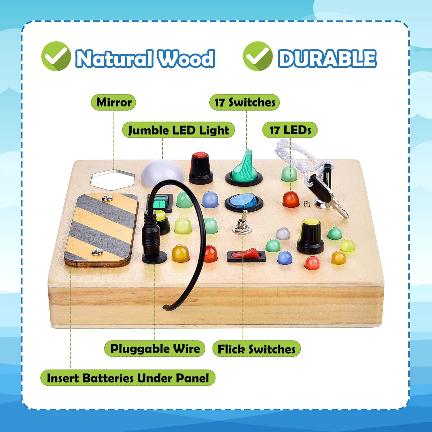 Montessori Busy Board with LED Light 17 Lights Toddler Switch Board Wooden Baby Button Light Up Toy for Baby Kids