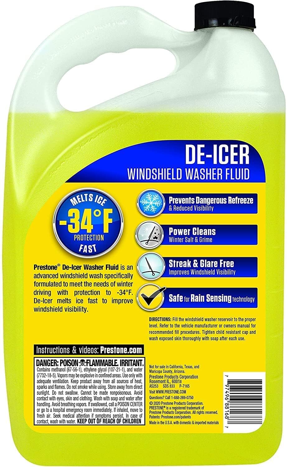 Prestone AS253 De-Icer Windshield Washer Fluid - Freeze Protection to -27°F, 1 Gallon Winter Essential