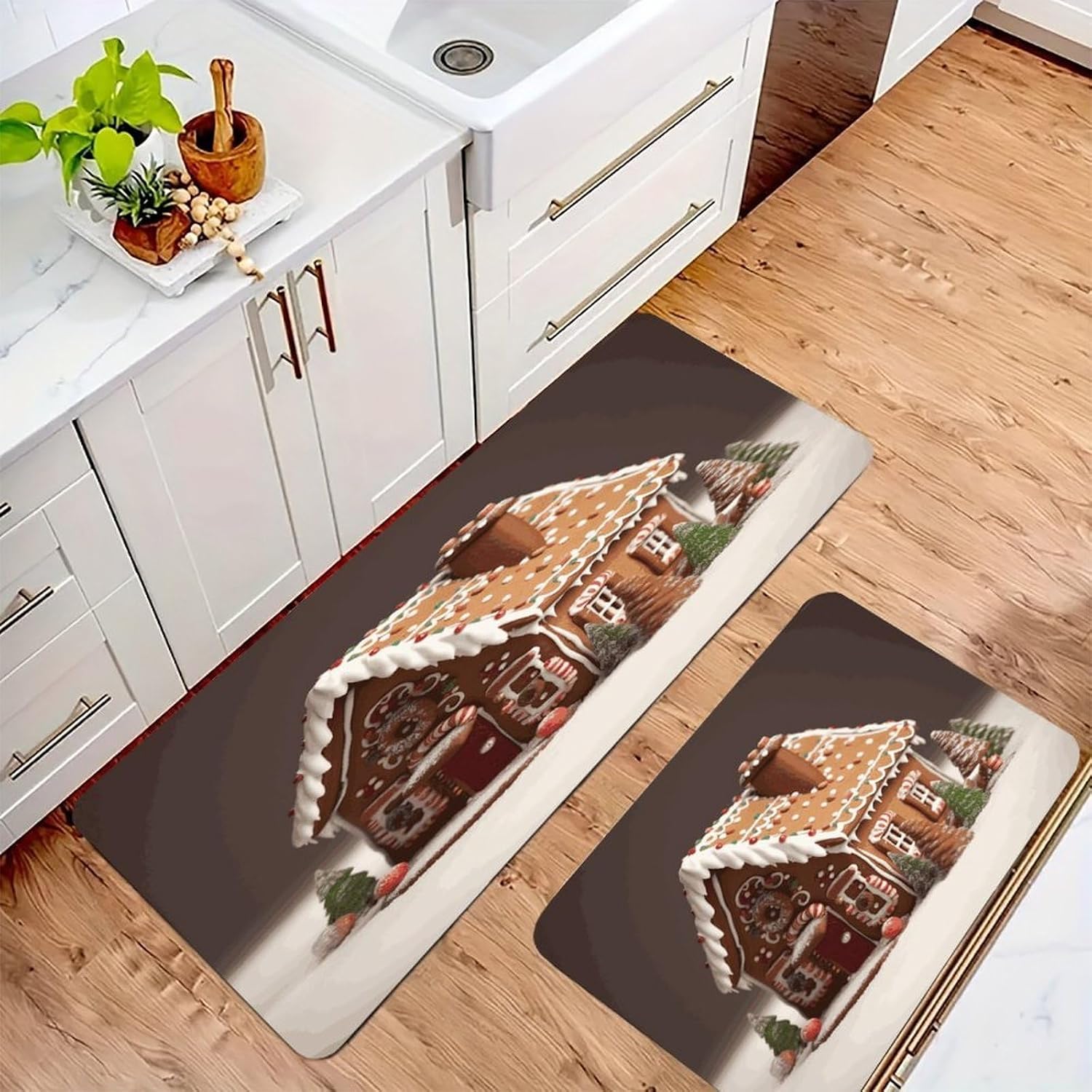 Gingerbread House Kitchen Mats with 2PCS Non-Slip Washable,Kitchen Rug Heavy Duty Durable, Floor Mats for Kitchen,Office,Sink,Laundry