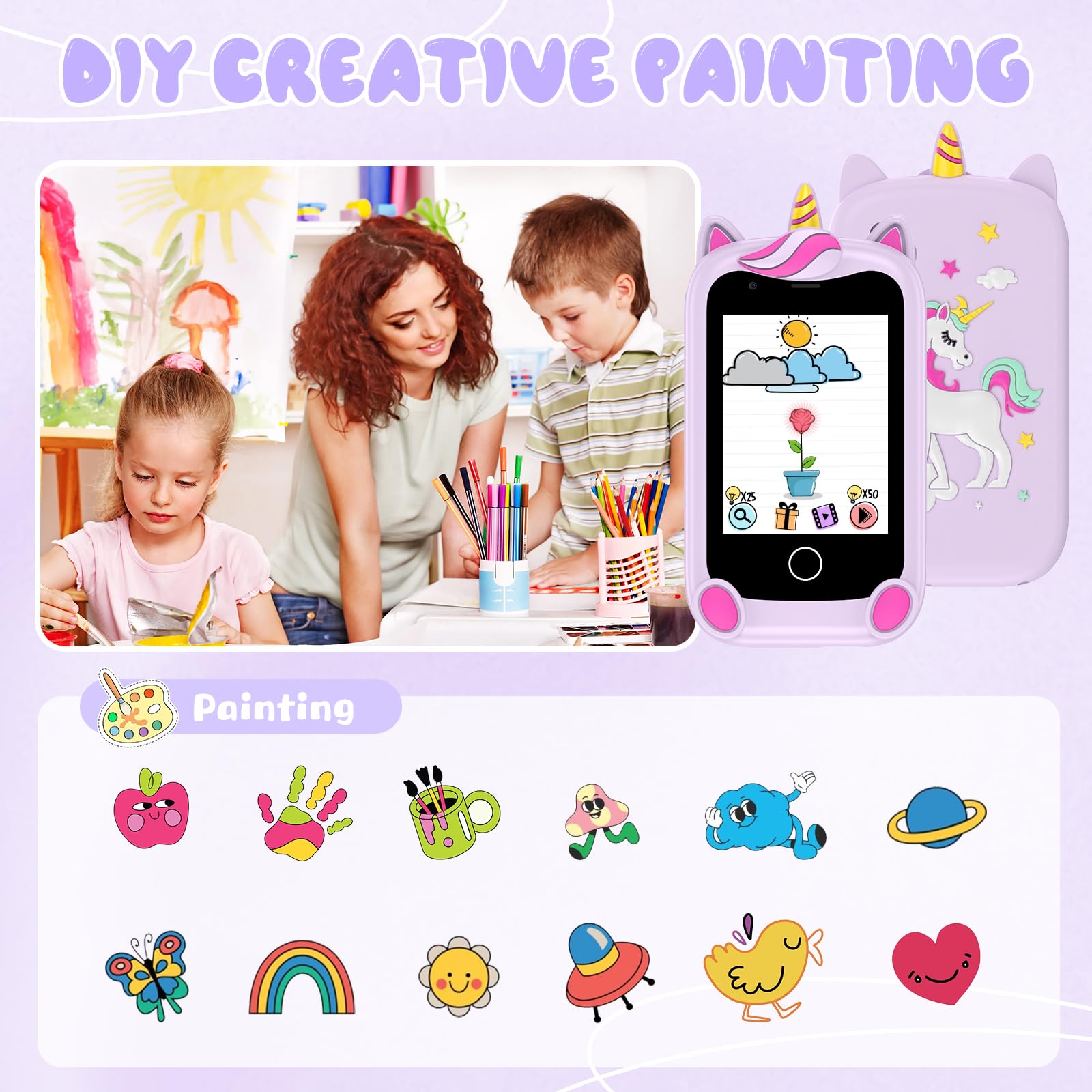 PTHTECHUS Smartphone per Bambini, Cellulare Giocattolo Fiabe Audiolibri Telefono Console Portatili, Giocattoli Elettronici Educativi, Regalo di Compleanno per Bambini, Viola