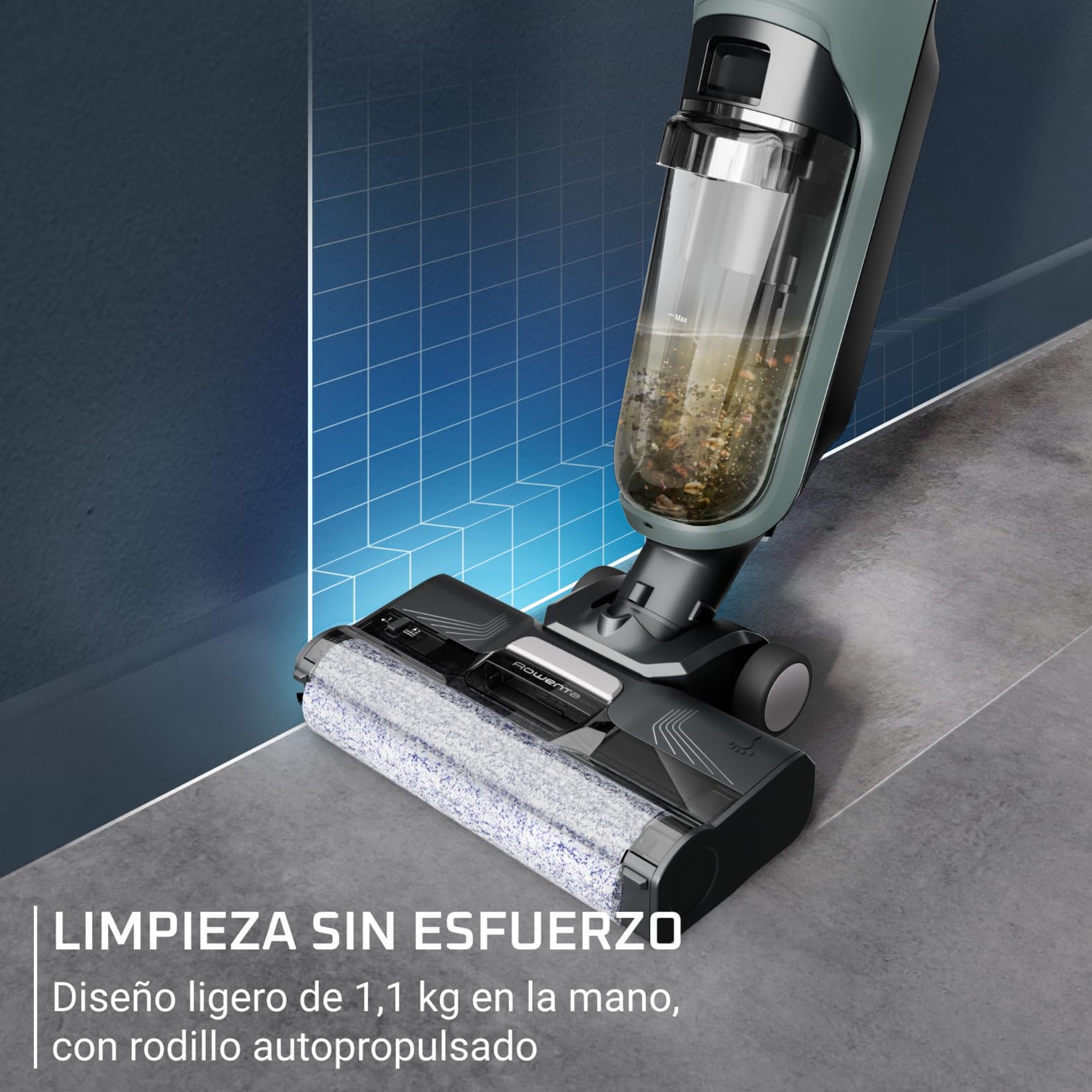 Rowenta X-Clean 2, Aspiradora Fregona Eléctrica Sin Cable, Tecnología Wet & Dry, Autolimpieza, Aspira y friega, Modos Eco/MAX, Ligera, Limpieza de Bordes, Verde Eucalipto, GZ2262E0