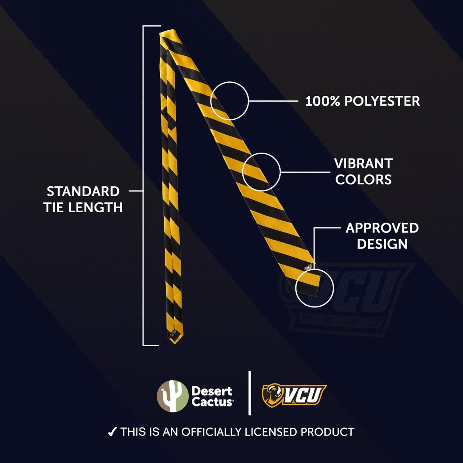 Desert Cactus Virginia Commonwealth University Neck Tie VCU Rams 100% Polyester Necktie with Logo, Officially Licensed (Style A) - Image 3