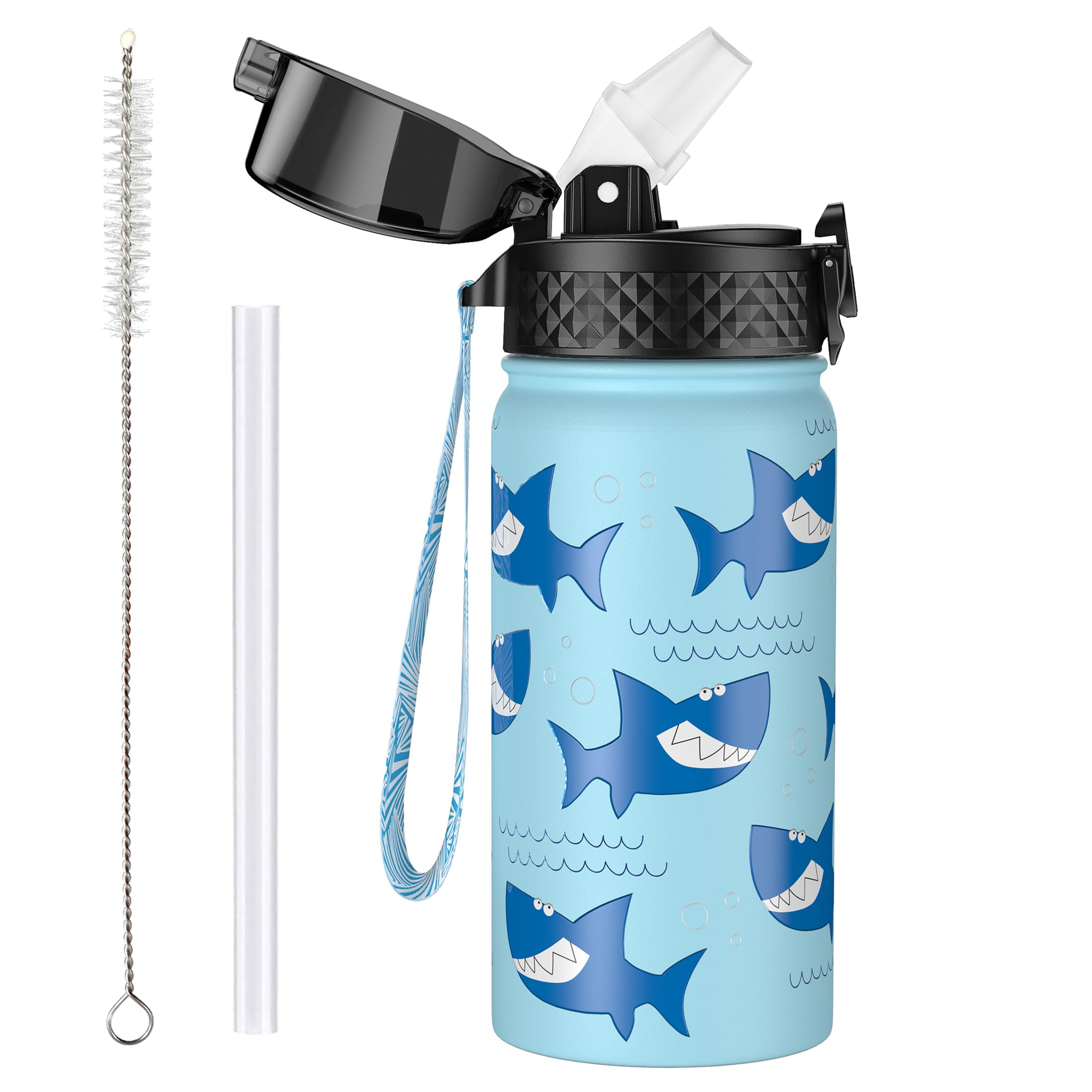 OLDLEY 420ml/14oz Kids Stainless Steel Water Bottle with Straw for School Insulated Metal Water Bottles Leakproof Reusable Double Wall Vacuum Small Flask Keep Drinks Hot Cold for Boys Girls (Shark)