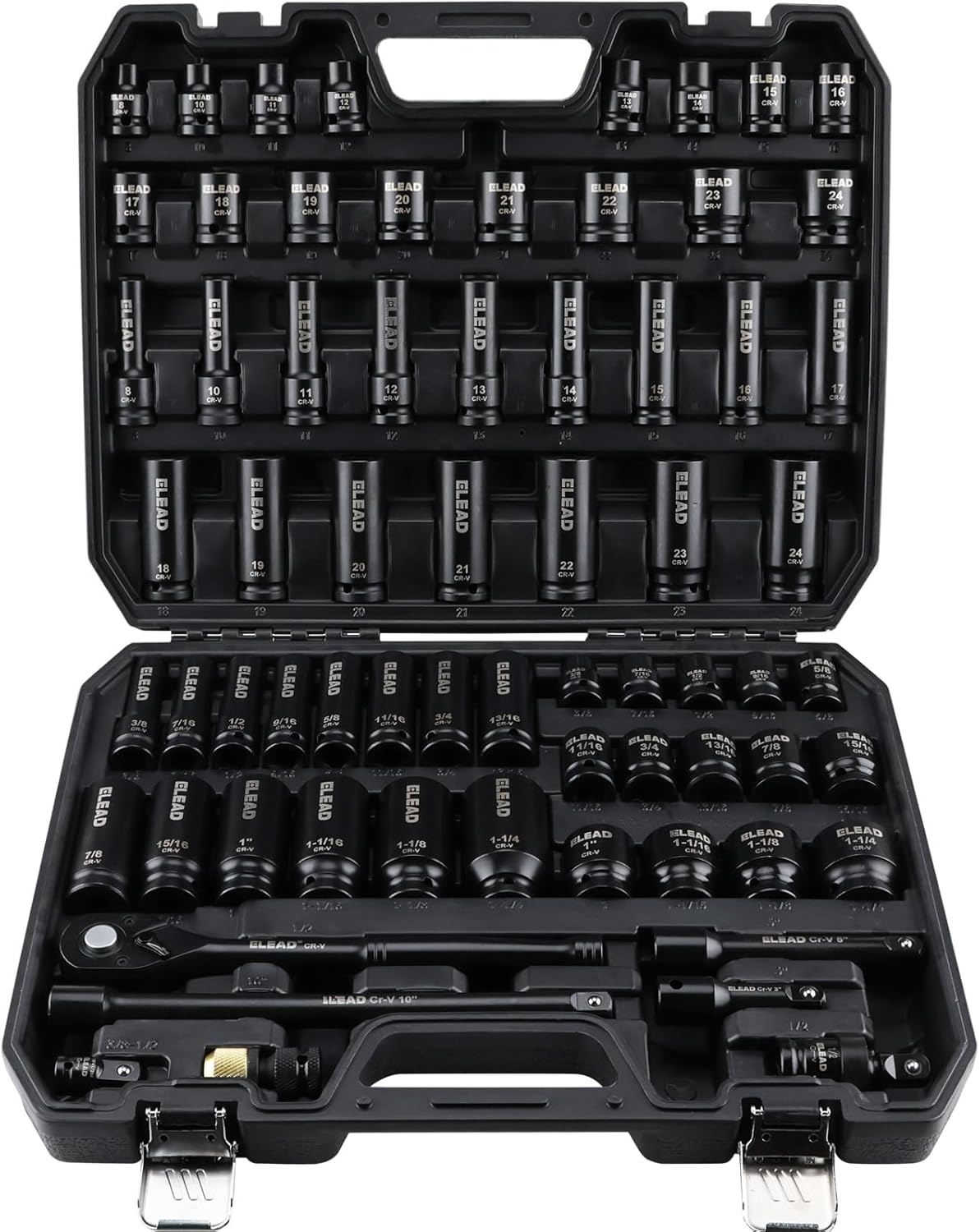 ELEAD 67 Piece 1/2″ Drive Deep Impact Socket Set: Standard SAE (3/8″-1-1/4″) & Metric (8-24 mm), Including 3 “, 5″, 10” Extension Bar, Universal Joint, Ratchet Handle and Adapter