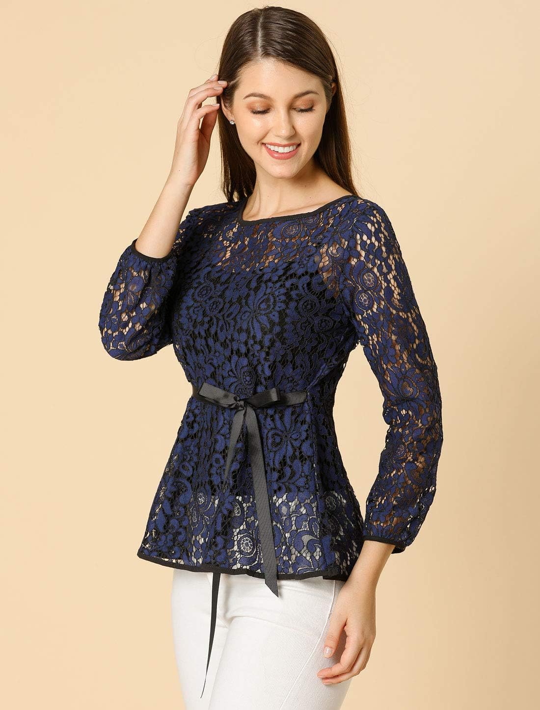 Allegra K Women's Elegant Tie Waist Long Sleeve Top Lace Peplum Blouses - Image 3