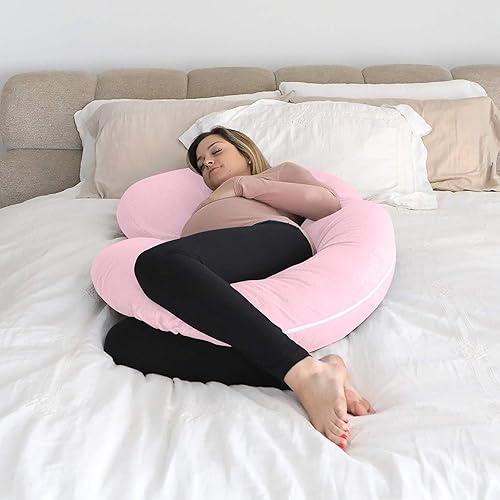 Miniatura 5 de Almohadas de embarazo de 57 pulgadas, almohada de cuerpo completo en forma de C, rosa claro, almohadas de embarazo para dormir, funda de algodón