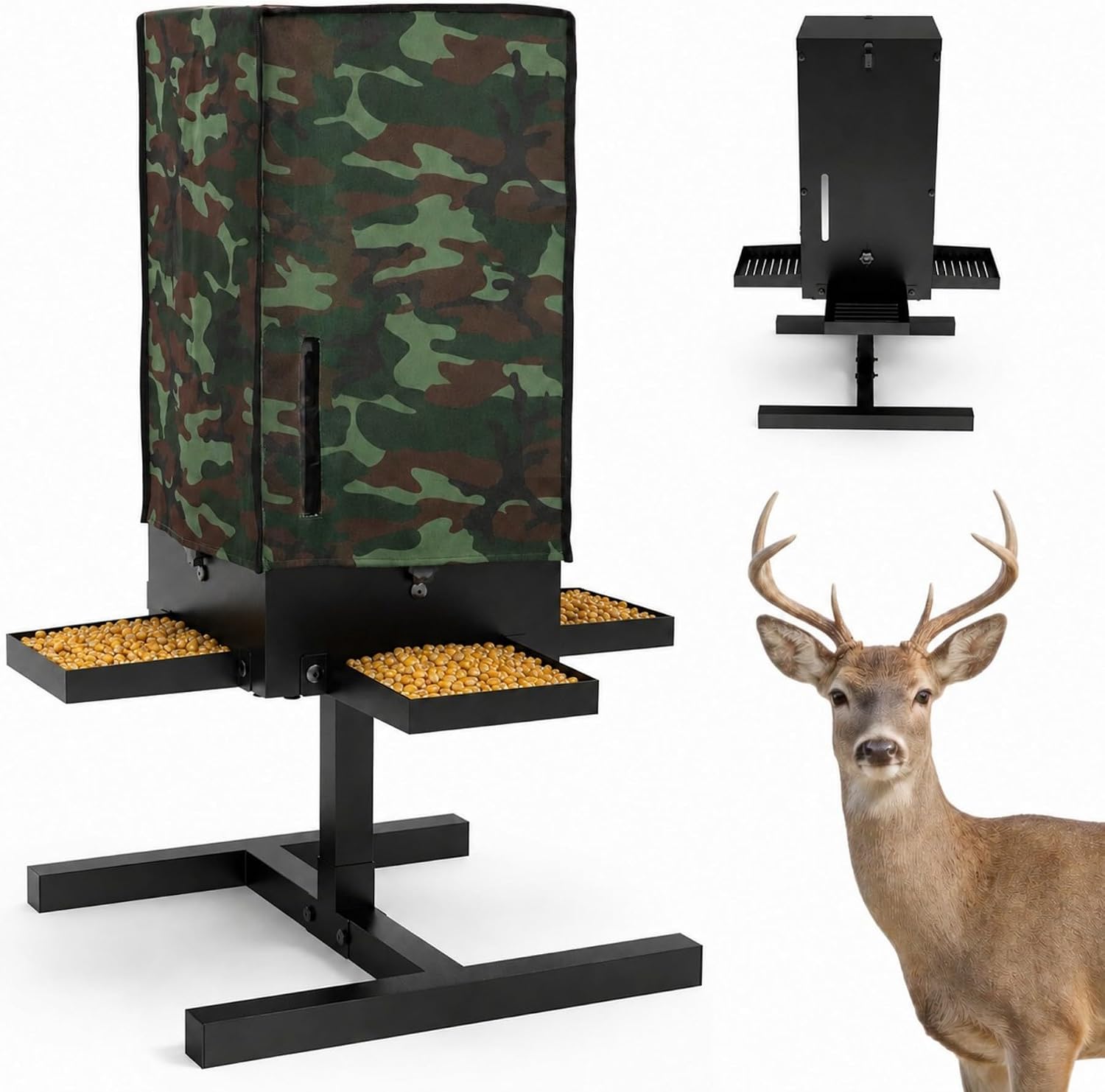 80 lbs Deer Feeder, Gravity Deer Feeder w/Adjustable Feed Outlet | 4 Feeding Tray, View Window, Weatherproof Camo Cover, Metal Deer Feeders for Woodland, Farm, Ranch & Hunting Grounds