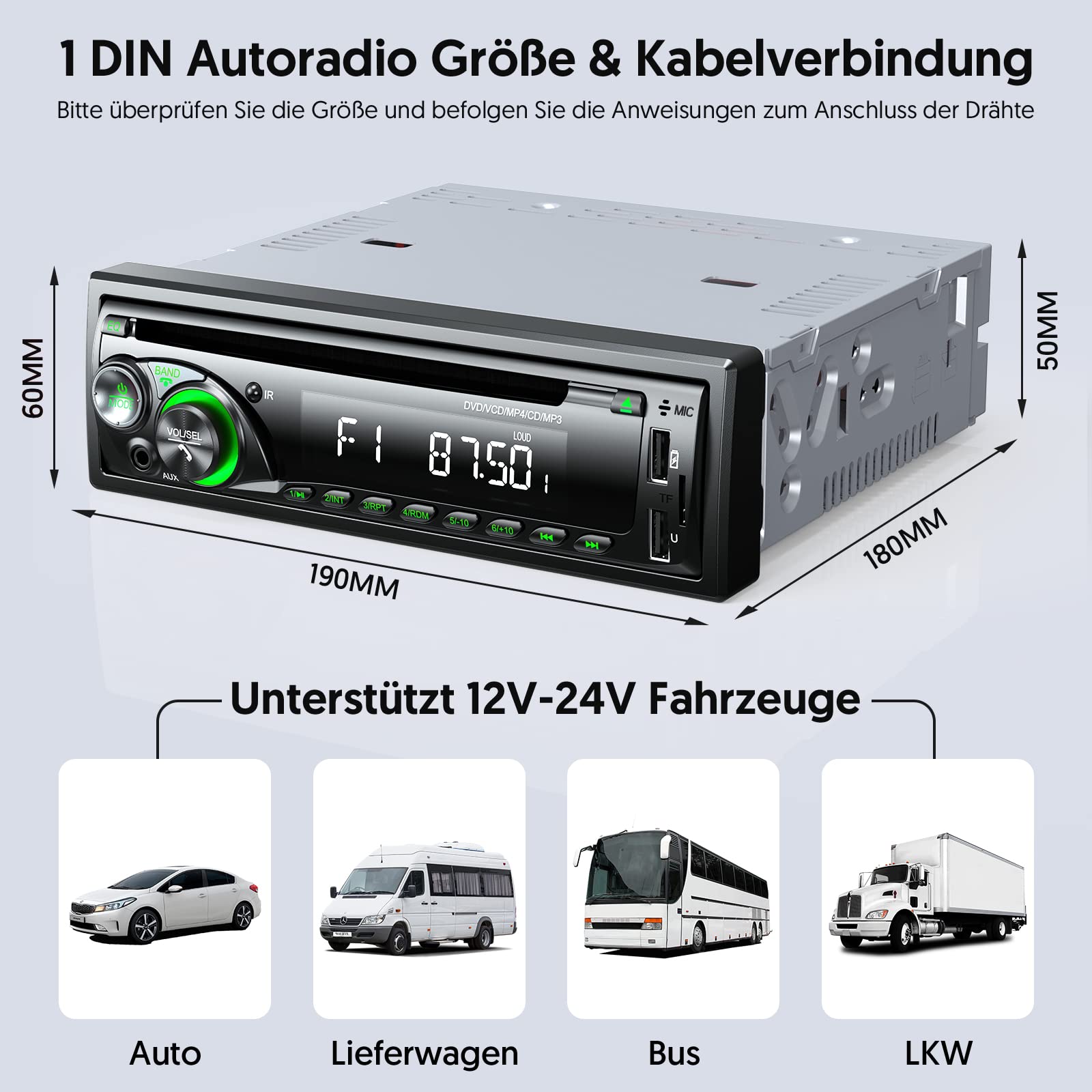 RDS Autoradio Bluetooth avec Lecteur CD/DVD, Wistrue Poste Radio Voiture Bluetooth FM/AM, Autoradio 1 Din avec 2 USB, SD/AUX, 7 Couleurs, Télécommande, MP3