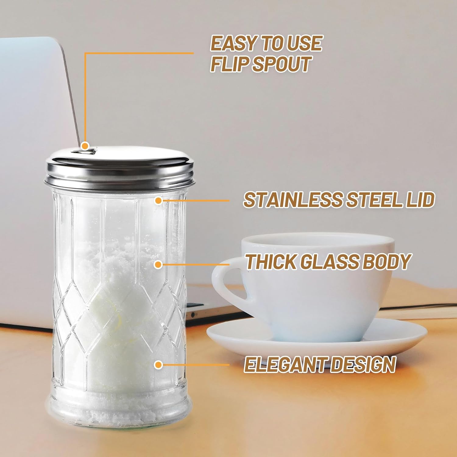 Glass Sugar Shaker Dispenser 12oz, Stainless Steel Flip Top Lid for Easy Pouring, Sugar Pourer for Sugar, Powdered Sugar, Parmesan, Cinnamon, & Spices