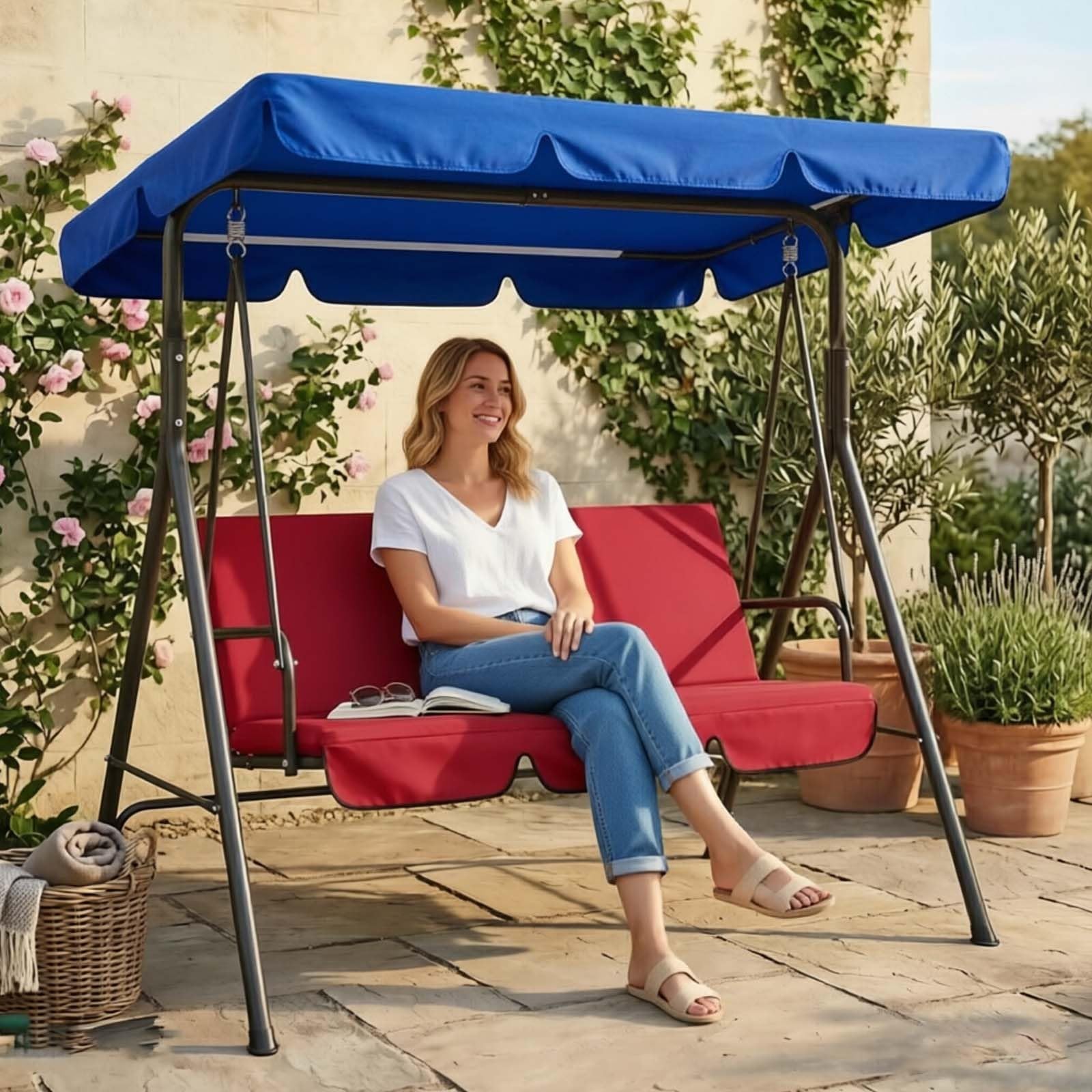 Copertura di ricambio per dondolo da patio, impermeabile, protezione dai raggi UV, copertura superiore per dondolo da giardino, patio, veranda, 3 posti, tenda anti-UV (blu, 190 x 120 cm)