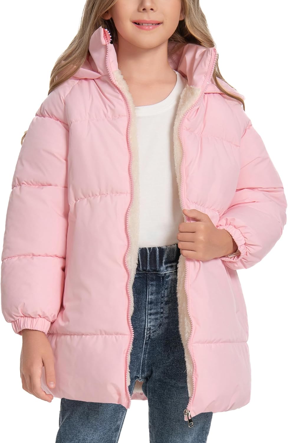 SEAUR Meisjes fleece gevoerde winterjas parka winddicht bont capuchon puffer donsjack voor kleine kinderen bovenkleding, donkerblauw, 1-2 Jahre