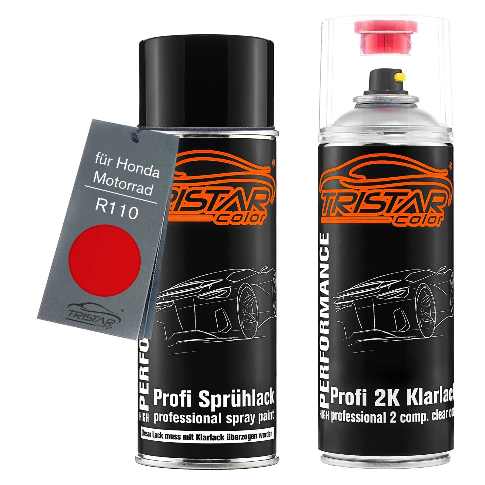 TRISTARcolor Vernice per moto Kit bombolette spray 2K per Honda Motorrad R110 Rosso Monza Bomboletta a spruzzo vernice di base 2 componenti vernice trasparente