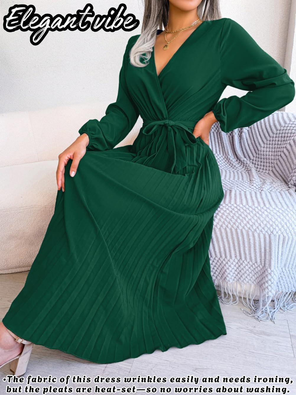 Women's Pleated Maxi Wrap Dress, Modest V-Neck Puff Sleeve Flowy Dresses for Business Casual Church Vacation - Image 3