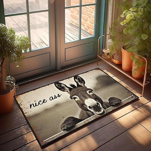 Door Mat Outdoor Entrance Funny A Donkey with Its Head Over A Fence, Looking Directly at The Camera. Doormat Rustic Kitchen Rugs Retro Decor(50X80CM)