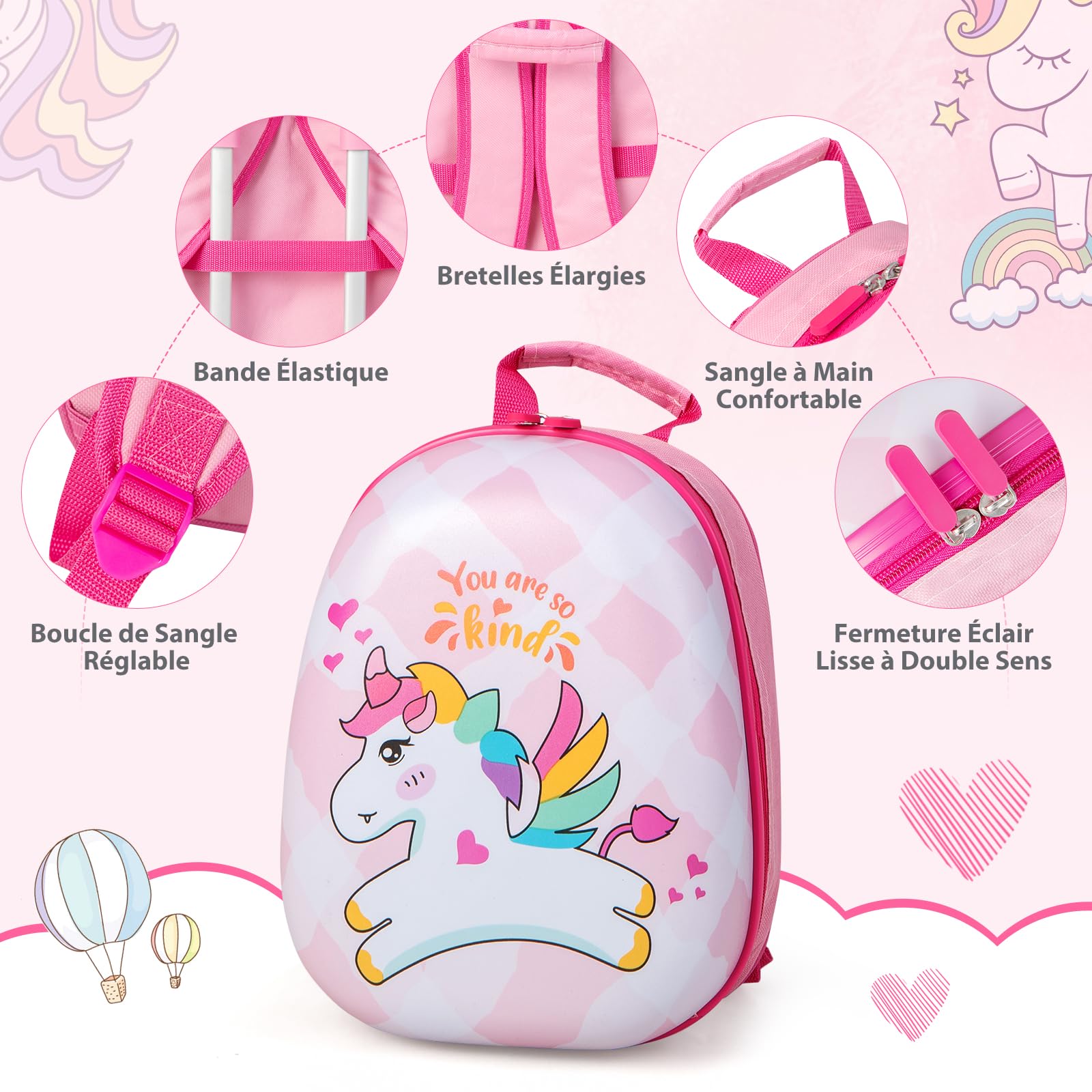 DREAMADE Valise Enfant 16" et Sac à Dos 12", Bagage à Main Rosé pour Enfants Filles, Cabine Enfant avec Motif Licorne, Valise Enfant Roulette avec 4 Roues Pivotante à 360°en Dessin(Licorne)