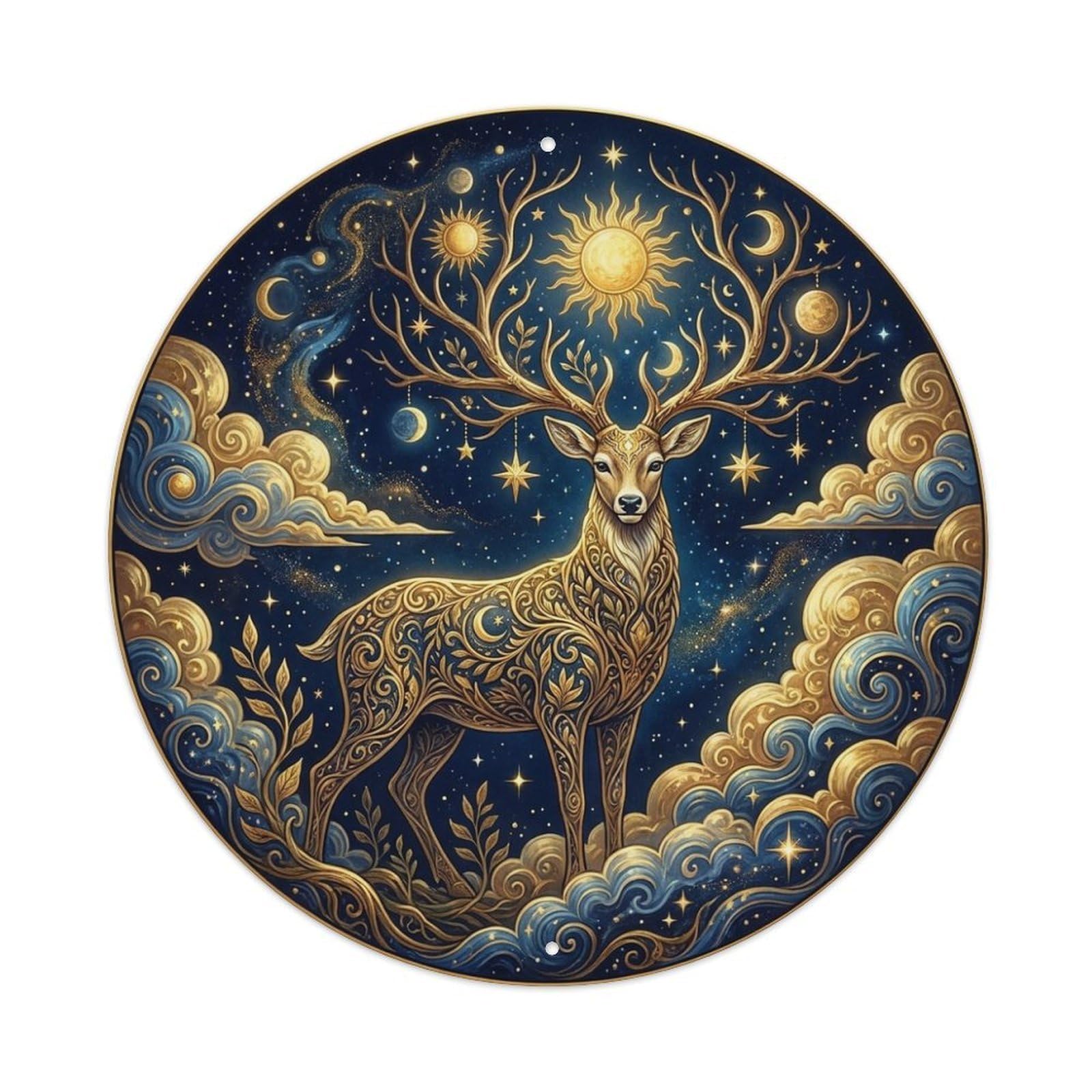 Celestial Deer Antlers Moon Stars Night Sky Metal Tin Sign