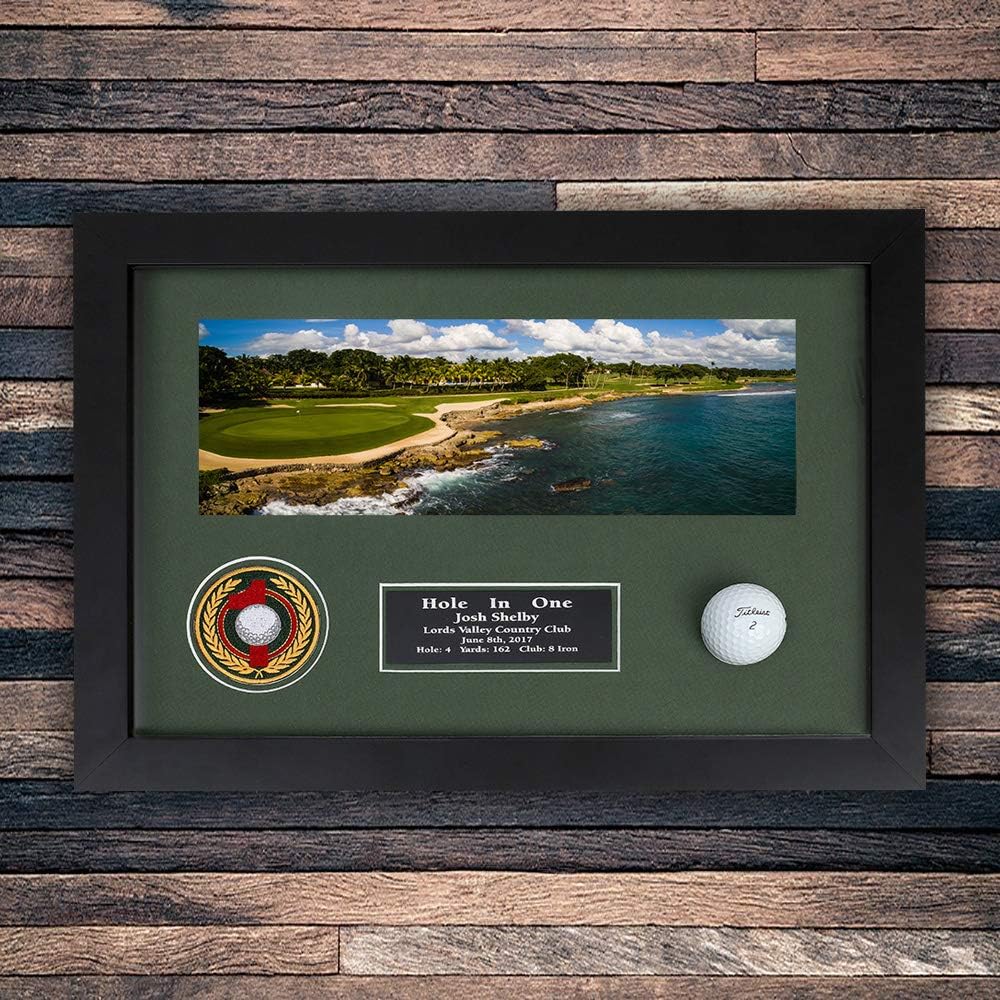 Golf Hole‑in‑One Enclosed Shadowbox | 3 Frame Colors with Acrylic Front | Holds Golf Ball & Horizontal Scorecard or Photo | Engraved Plate