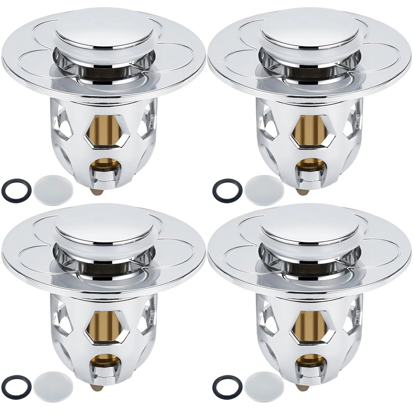 Sink Plug Universal Rebound Drain Filter Basin Pop-up Chrome Sink with Hair Catcher Bathroom Stopper Easy Push Type for Washbasin(Silver 4PCS)