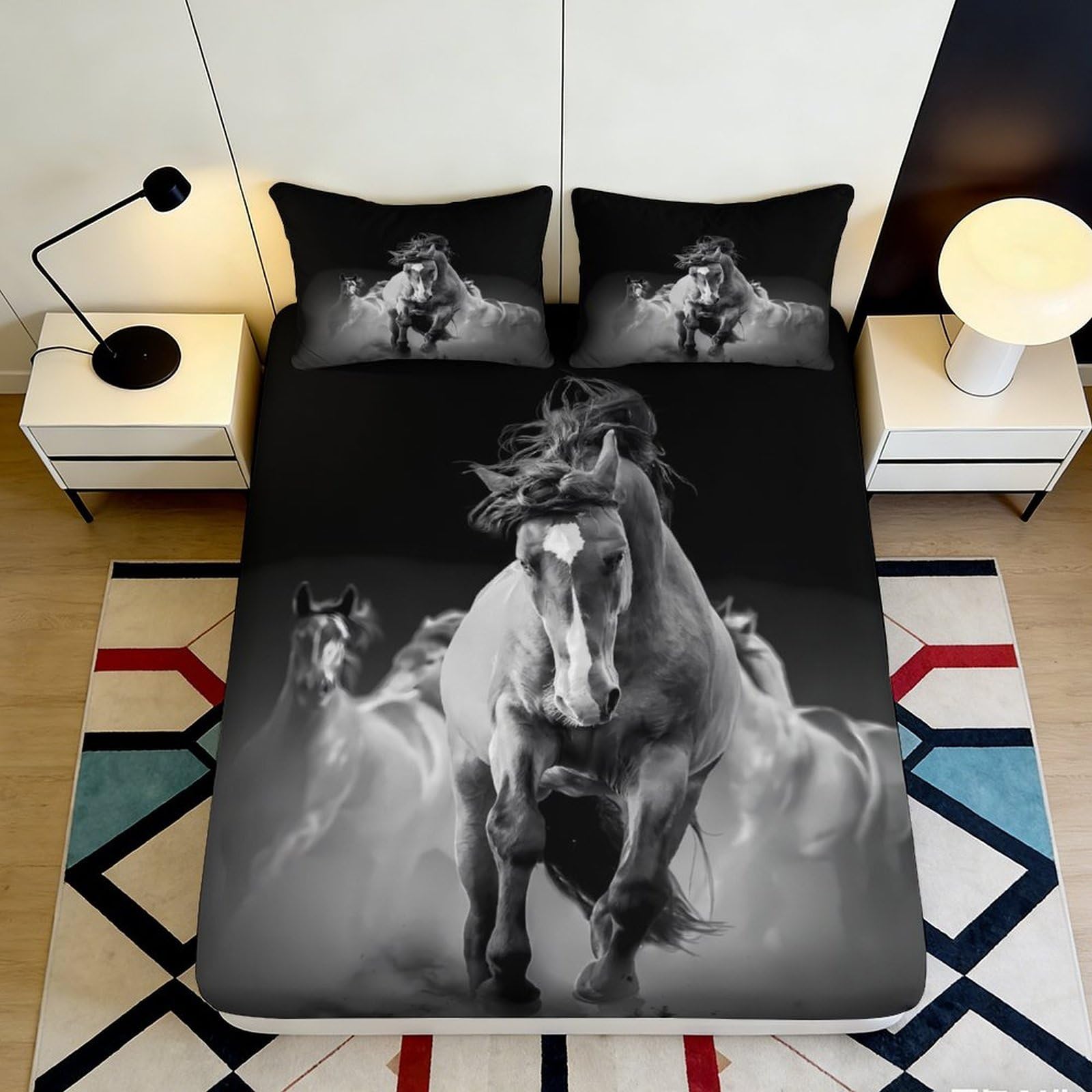 3D Printed Wild Horse Fitted Sheet Microfiber Deep Pocket Bedroom Bedding Wild Horse Mattress Fitted Cover Non-Slip Washable 160x200x25cm