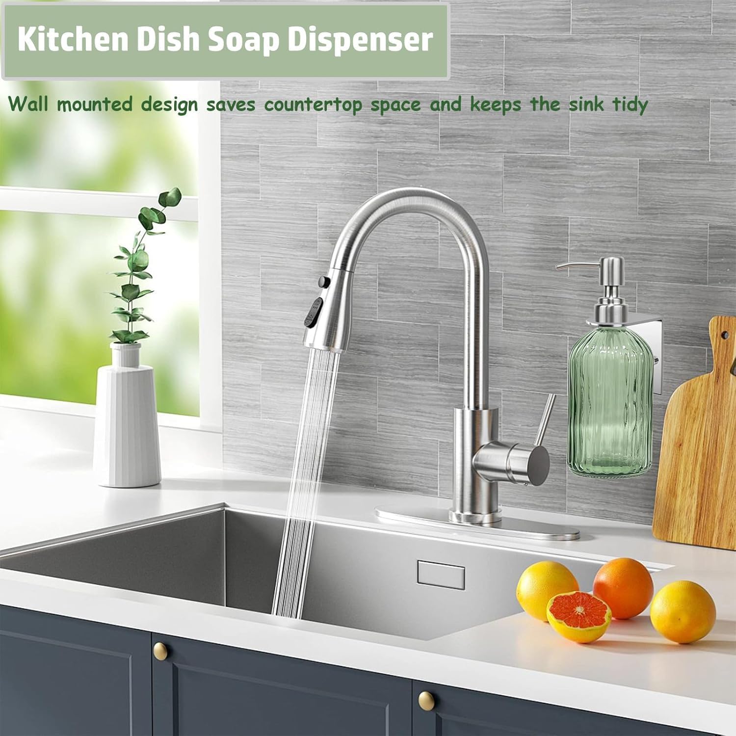 Green Shampoo and Conditioner Dispenser for Wall Mount, 14oz Clear Glass Shower Soap Bottle for Bathroom, Modern 1 Chamber No Drill, Easy Refill Hand Body Wash Dispensers with Stainless Steel Pump - Image 3