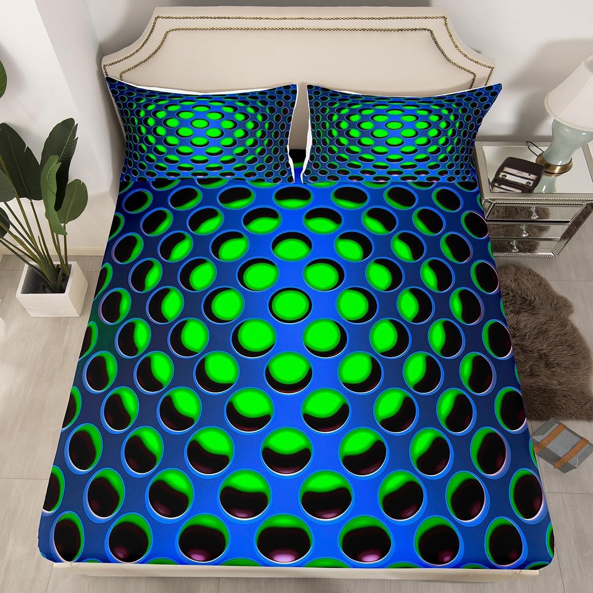 Erosebridal Navy Blue Green Boys Bedding Set Full Neon Geometric Kids Fitted Sheet,Teen Men Retro 3D Abstract Honeycomb Bed Sheets Beehive Bed Set,2 Pillow Cases