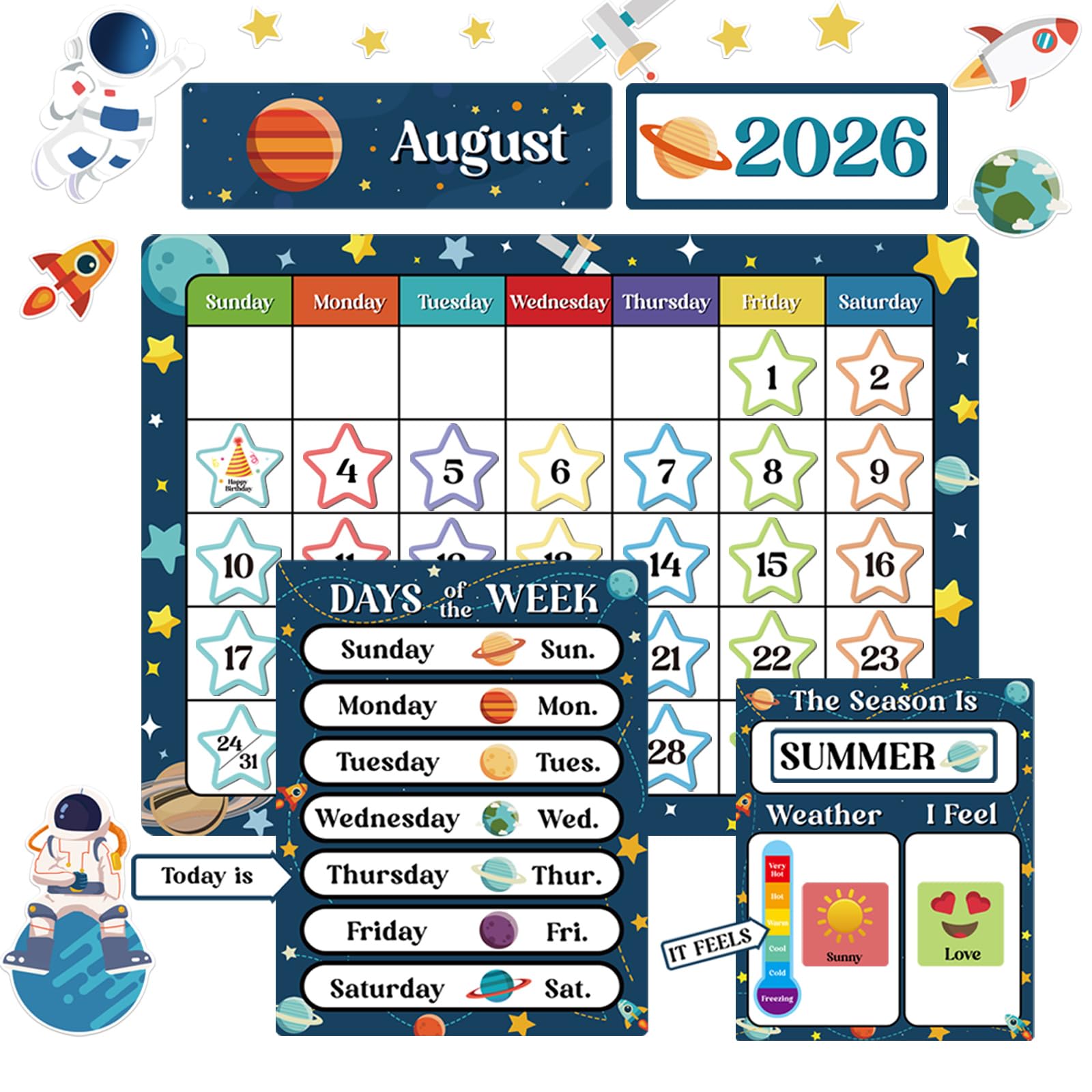 122pcs Outer Space Classroom Calendar Bulletin Board Set with Seasons Weather Festivals School Year Calendar for Back to School Elementary Classroom