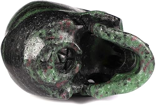 Vista 6 de Skullis Calavera de cristal súper realista de zoisita de rubí de 5.0 pulgadas, escultura de arte fino de piedras preciosas talladas a mano, estatua