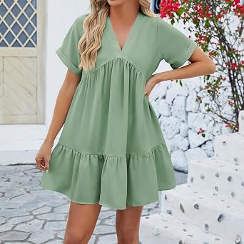 Summer Casual Dresses for Women V-Neck Solid Color Short Sleeve Pleated Loose Dress Vacation Flowy Shift Dresses
