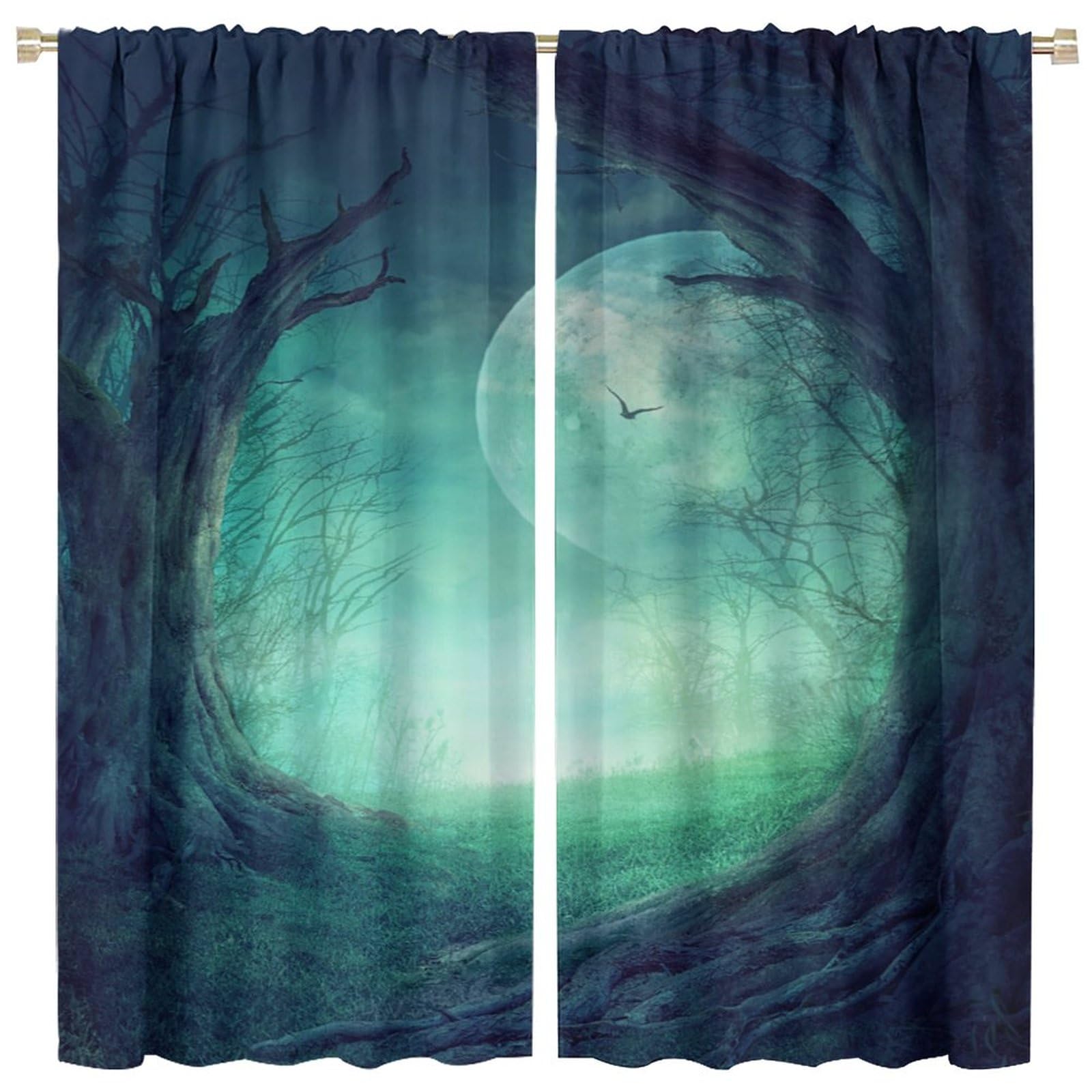 Fantasy Forest Blackout Curtains,Misty Forest Gothic Style Rod Sleeves Window Drapes for Living Room Bedroom Kitchen Bathroom Decor W42xL63in