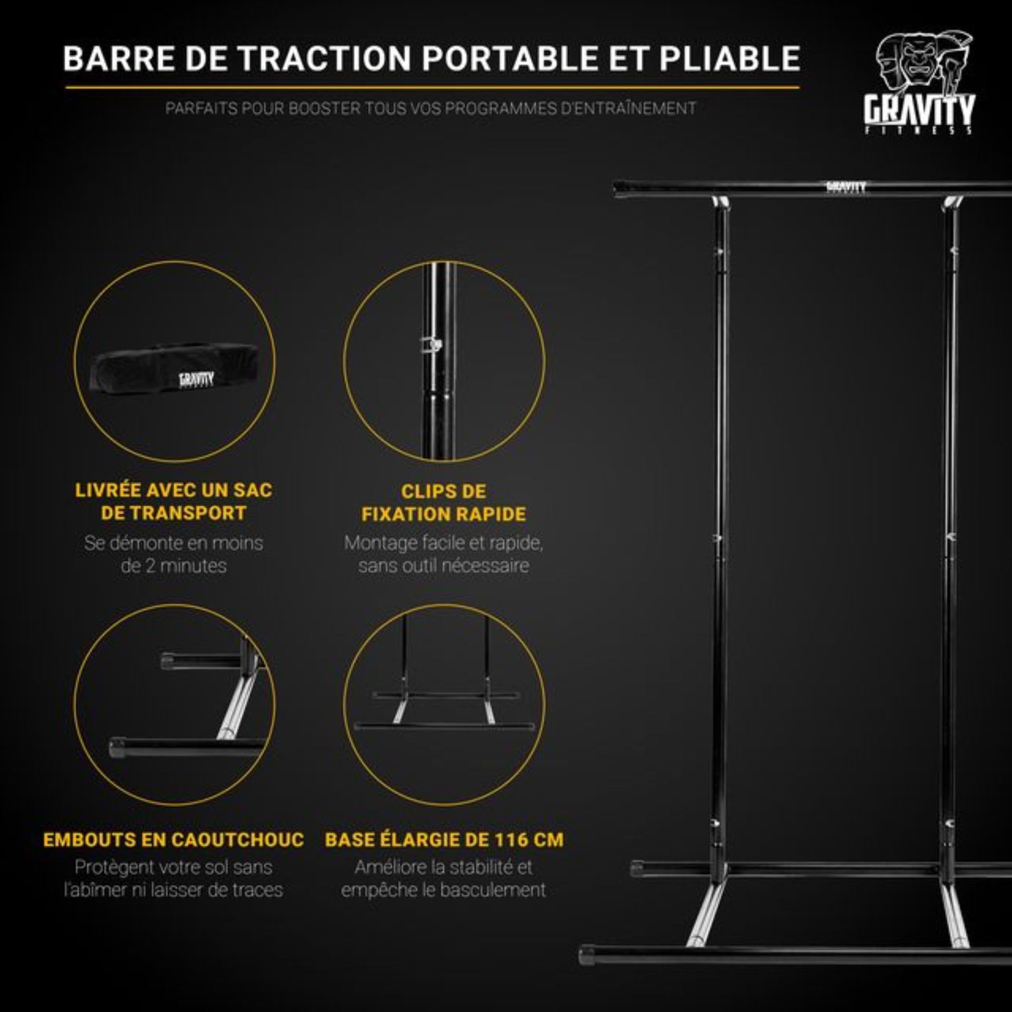 Gravity Fitness Barre de Traction Portable - Station de Dips Ajustable - Barre Freestanding pour Entraînement Calisthénie, Musculation Maison, Poids du Corps, Gymnastique & Fitness