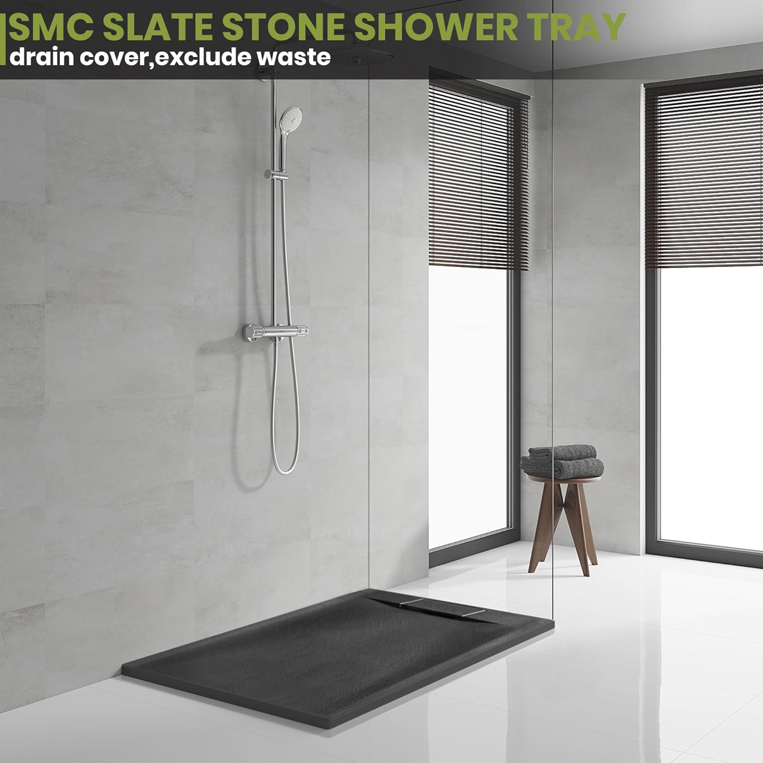 60'' L x 32'' W Shower Base with Drain Cover, Black SMC Shower Tray for Bathroom, Waterproof Leakproof Modern Shower Pan