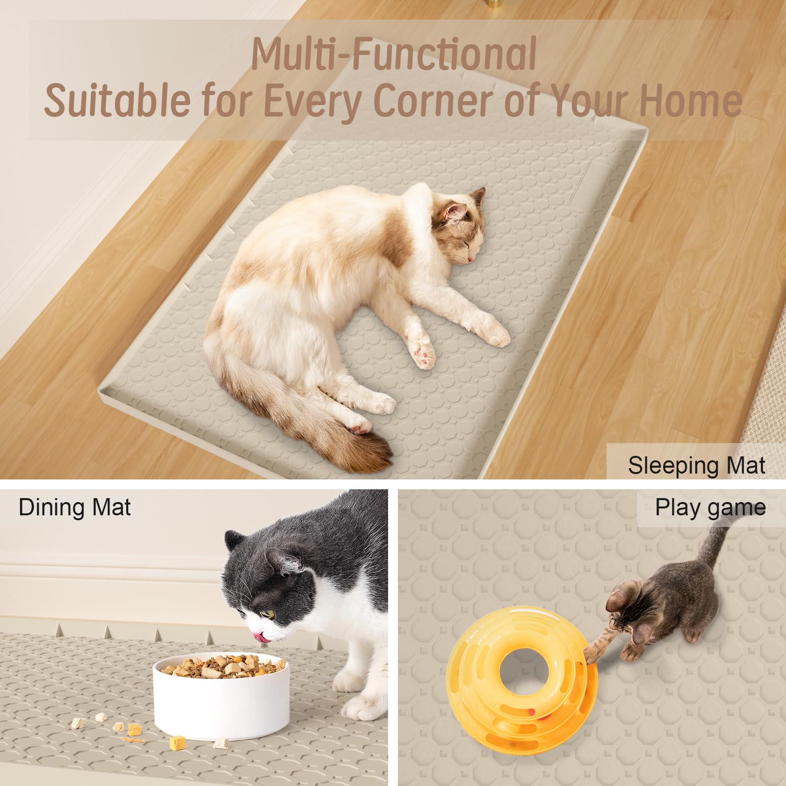 Grand tapis de litière de chat 86cmx56cm, Tapis de piégeage de litière de chat pour la boîte à litière, Tapis en silicone imperméable pour le sol, Facile à nettoyer, Beige
