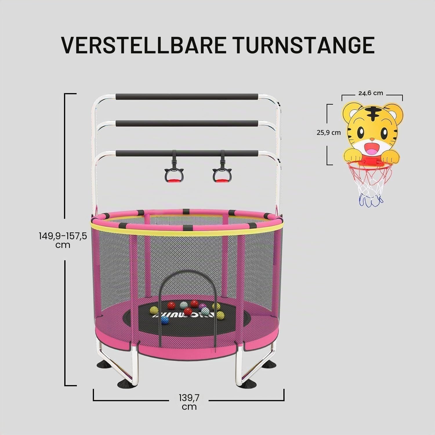 Trampolin für Kinder, verstellbares Baby-Kleinkind-Trampolin mit Basketballkorb, 200 kg, für drinnen und draußen, Kleinkind-Trampolin mit Gehäuse