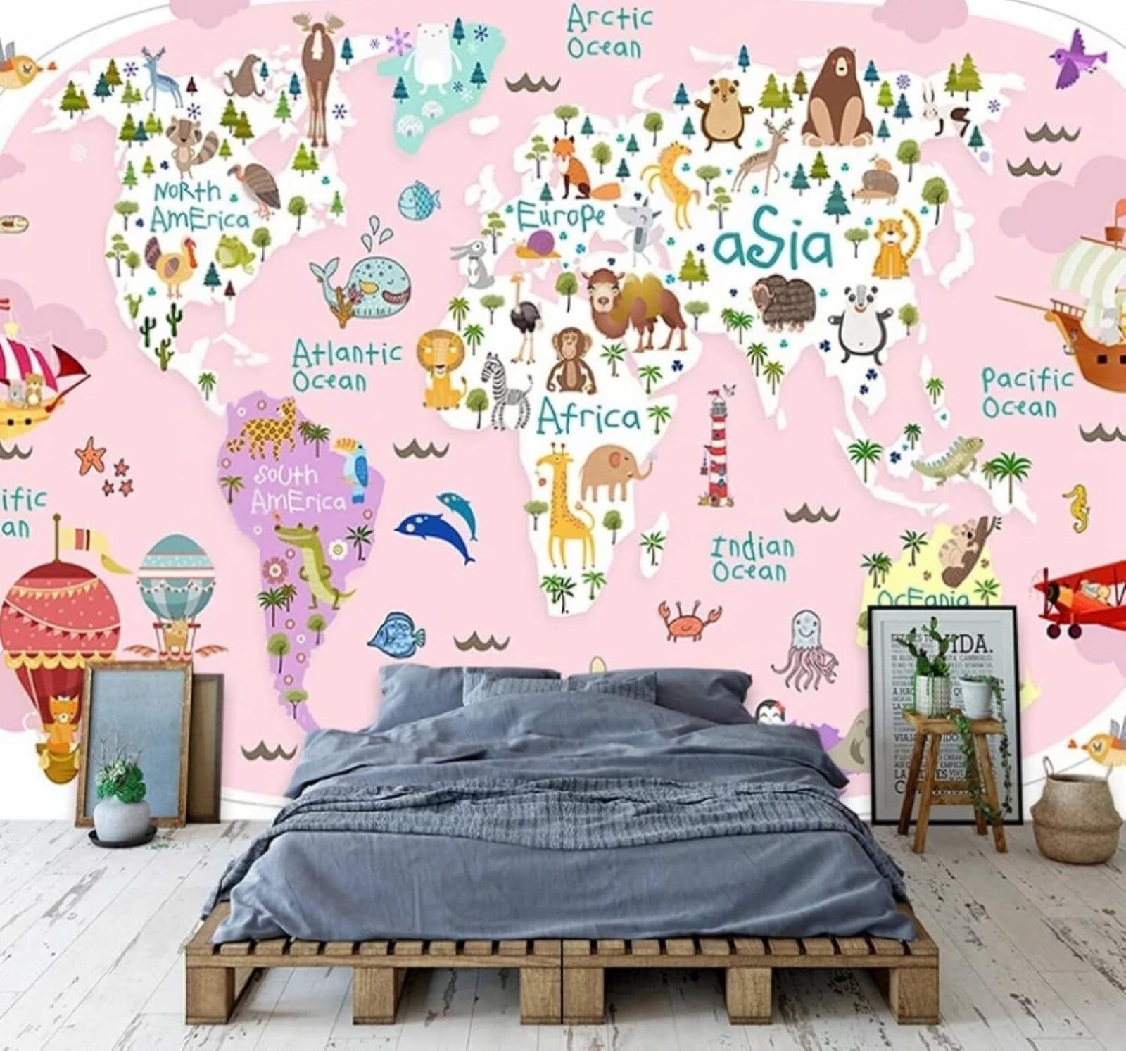 XLMING Cartoon Pink World Map Animals Aeroplane 3D Wallpaper Luxury Silk Study Dining Feature Sofa Grey Bedroom Living Room Tv Decorative Wall-400cm×280cm