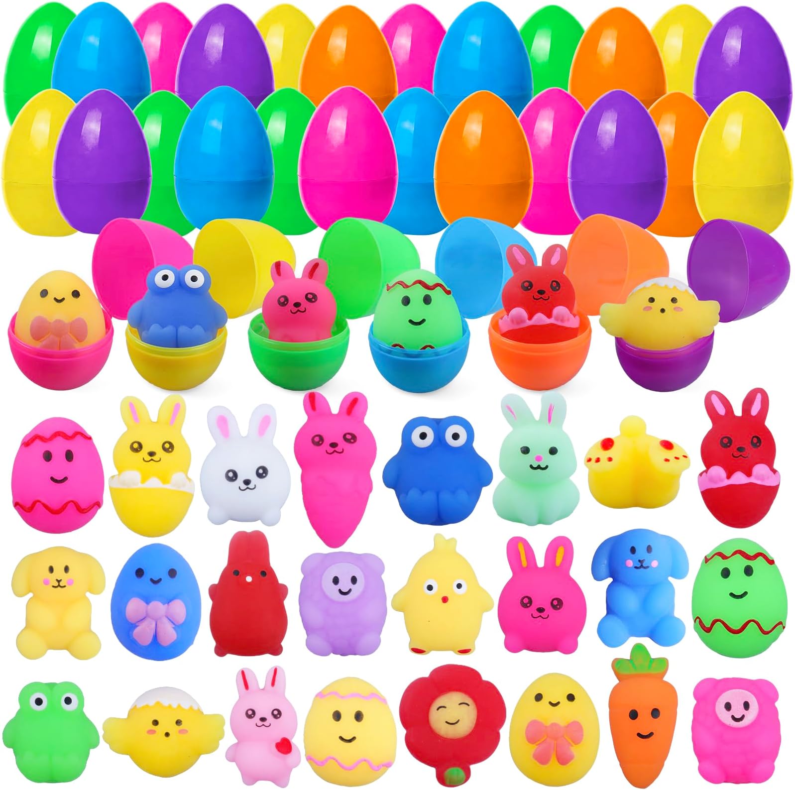 24 Pack Plastic Easter Eggs Prefilled with Toys, Non Candy Pre Stuffed Easter Eggs with Squishy Egg Toys Inside, Surprise Eggs for Easter Egg Hunt, Easter Basket Stuffers