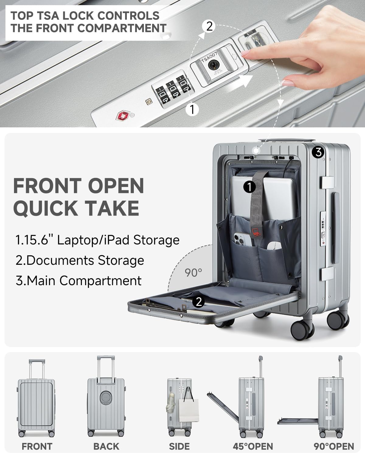 Sea choice Maleta de Mano de 20 Pulgadas con Compartimento Frontal para Portátil Marco de Aluminio Puerto USB Cerradura TSA Ruedas Giratorias 360° y Portavasos